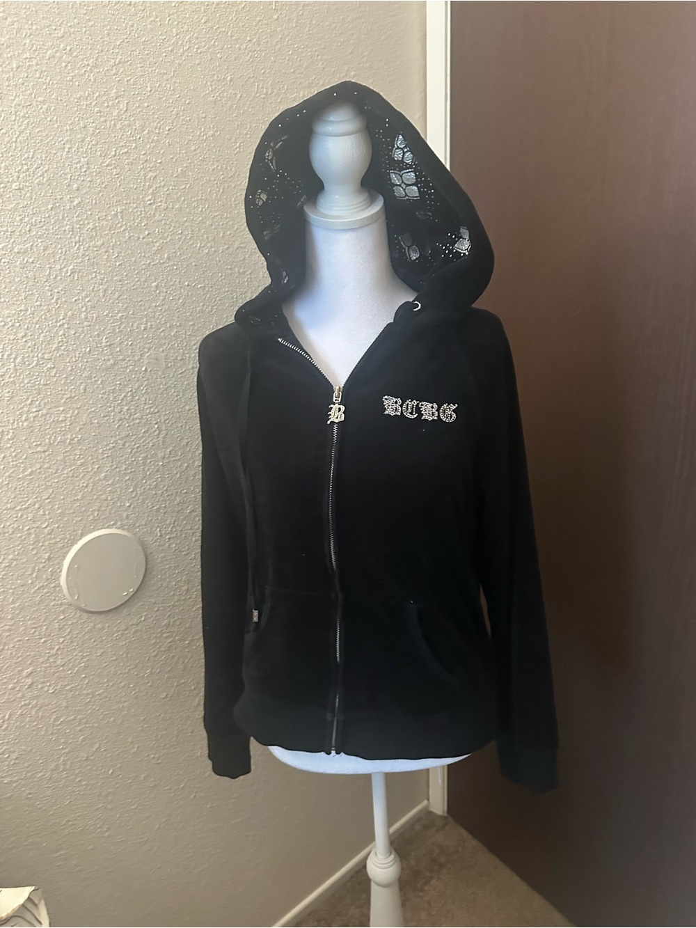 BCBGMaxAzria Black Velour Zip Hoodie with Lace Hood